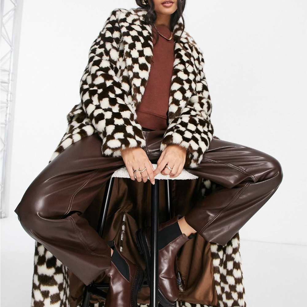 Topshop Faux Fur Checkerboard Long Coat